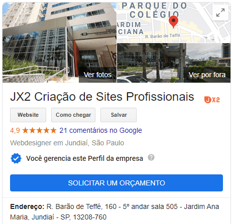 JX2 Empresa de Criação de Sites Profissionais Ficha no Google Meu negócio da JX2 que mostra sua reputação de 4.9 pontos