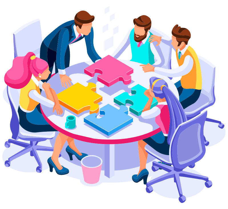 Grupo de pessoas em uma mesa de reunião avaliando as necessidades do negócio do cliente para a criação do site para a empresa