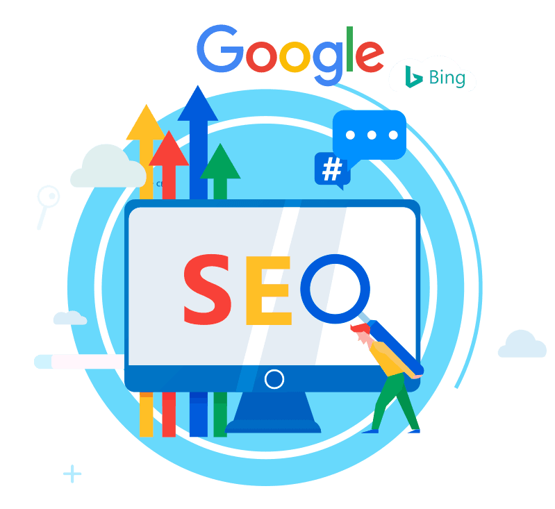 ilustração gráfica de SEO que tem por significado, traduzido para o português; Otimização de Sites para Mecanismos de Pesquisa.